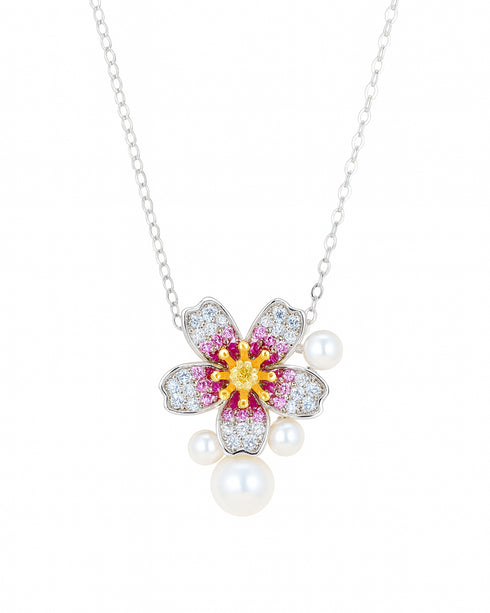 3–7mm Freshwater Pearl Floral Zirconia Pendant Necklace